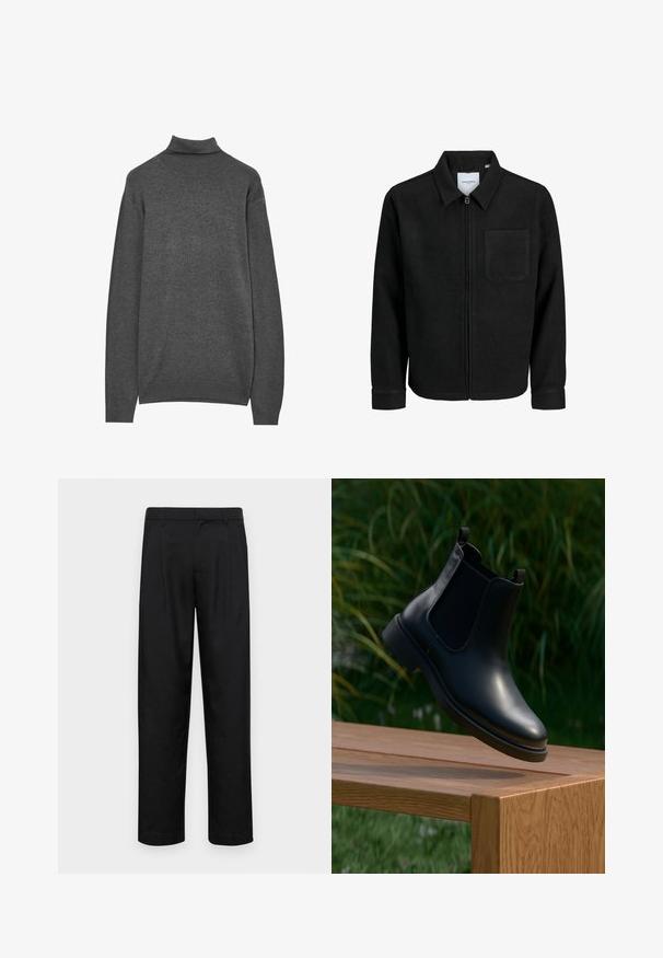 Schwarze Zip-Jacke mit Kragen und einer einzelnen Brusttasche, auf weißem Hintergrund präsentiert.; Grauer Rollkragenpullover aus strukturiertem Strickstoff. Hat lange Ärmel und gerippte Bündchen, mit einer engen Passform am Hals.; Schwarze Hose aus glattem Stoff, mit geradem Bein Design, zwei vorderen Falten und einem Standardbund mit Gürtelschlaufen.; Schwarze Leder-Stiefelette mit elastischen Seitenpaneelen, schwebend über einer hölzernen Bank, mit grünem Laub im Hintergrund.