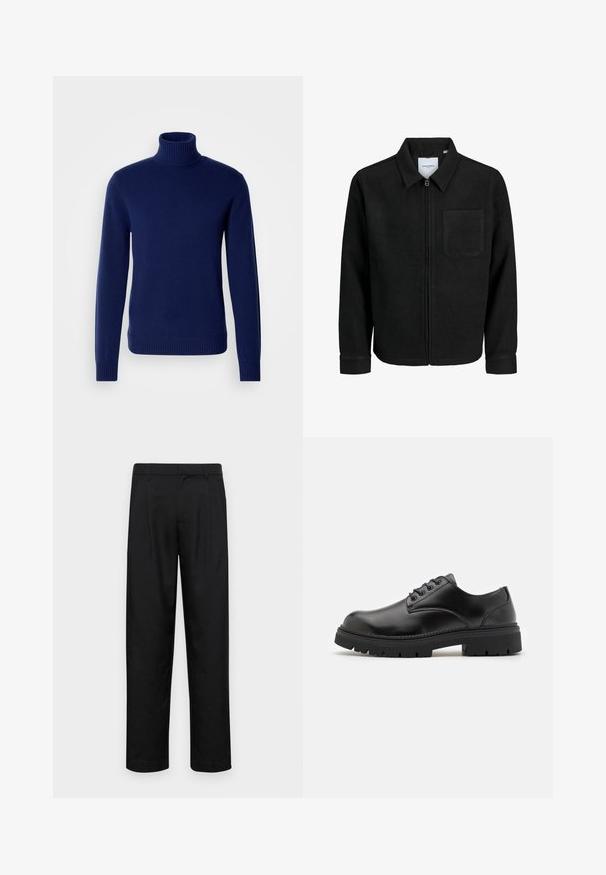 Melna jaka ar rāvējslēdzēju un apkakli, vienu krūšu kabatu, parādīta uz baltas fona.; Tumši zila augsta apkakle džemperis, izgatavots no mīkstas adītas materiāla. Tam ir ribota apkakle, aproces un apakša. Vienkāršs, piegulošs dizains bez redzamām rakstām.; Melnas bikses, izgatavotas no gludas auduma, ar taisnu kāju dizainu, divām priekšējām krokām un standarta jostu, kurai ir āķi.; Melnas ādas kurpes ar noapaļotu purngalu, mezglu dizainu un biezu, strukturētu gumijas zoli. Satur šuvju detaļas gar malu un gludu apdari.