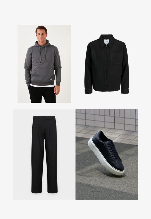 Sort lynlåsjakke med krave og en enkelt brystlomme, vist på hvid baggrund.; Grå hætte sweatshirt med kængurulomme, snørebånd, ribbede manchetter og kant. Tekstureret stof med en lille logo-patch foran.; Sorte bukser lavet af glat stof, med et lige ben-design, to frontfolder og en standard talje med bæltestropper.; Sort lædersneaker med rund tå og hvid gummisål. Har flade snørebånd og minimal syning på overdelen. Tekstureret sål for bedre greb.