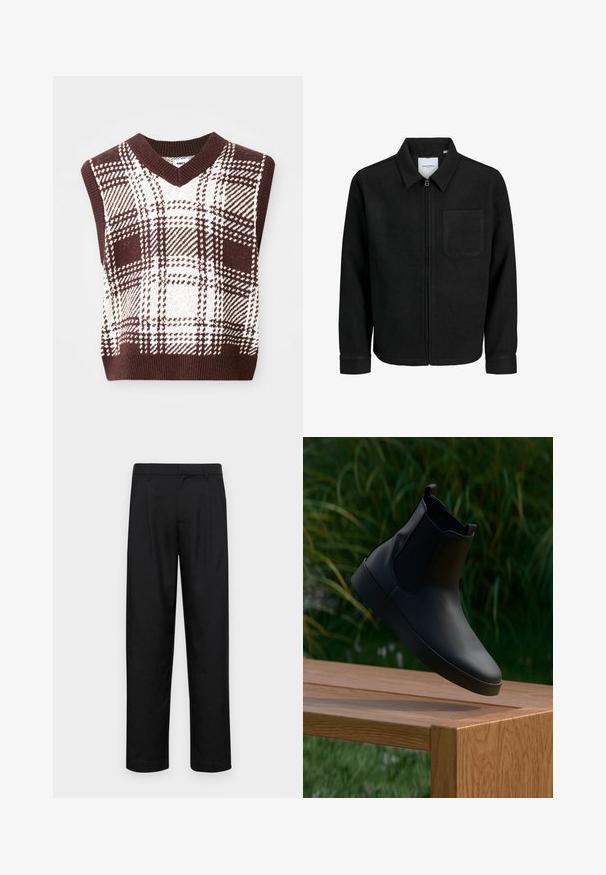 Fekete, zipzáros dzseki gallérral és egyetlen mellzsebbel, fehér háttéren.; Barna és krém színű kockás, kötött ujjatlan pulóver V-kivágással és bordázott aljjal, amely különböző kockás mintákat és textúrákat mutat.; Fekete nadrág sima anyagból, egyenes szárú fazonnal, két elülső redővel és közönséges derékkal, övhurkokkal.; Fekete bőr bokacsizma elasztikus oldalsó panelekkel, sima textúrával, lekerekített orral és lapos talppal, egy fából készült asztal fölött, zöld növényzet előtt elhelyezve.