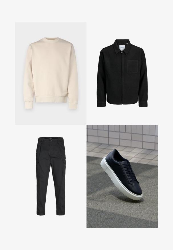 Sort lynlåsjakke med krave og en enkelt brystlomme, vist på hvid baggrund.; Beige sweatshirt i en afslappet pasform med rund hals, lange ærmer, ribbede manchetter og kant. Glat overflade med minimal dekoration.; Sorte cargo-bukser lavet af slidstærkt stof, der har flere lommer, en knaplukning og et slim fit design med smalle ben.; Sort lædersneaker med rund tå og hvid gummisål. Har flade snørebånd og minimal syning på overdelen. Tekstureret sål for bedre greb.