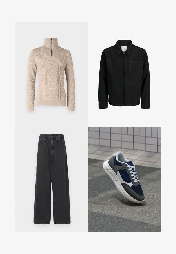 Mustaga lukuga jakker, millel on krae ja üks rinna-tasku, esitatud valgel taustal.; Beige koos särgiga, millel on kõrge krae ja tõmblukk. Rikkalikud tekstuurilised mustrid, sealhulgas nöörid ja pontšod, ning ribad varrukate ja hemmi ääres.; Laiad, kõrgema vöökohaga mustad denimipüksid, millel on ees nupuga ja tõmblukuga sulgemine, külgpocketid ja sile tekstuur.; Sneaker, mille sinine võrkkangas, hallid nubukdetailid, valge kummitald ja lamedad valged paelad, disainitud mugavuseks ja hingavuseks.
