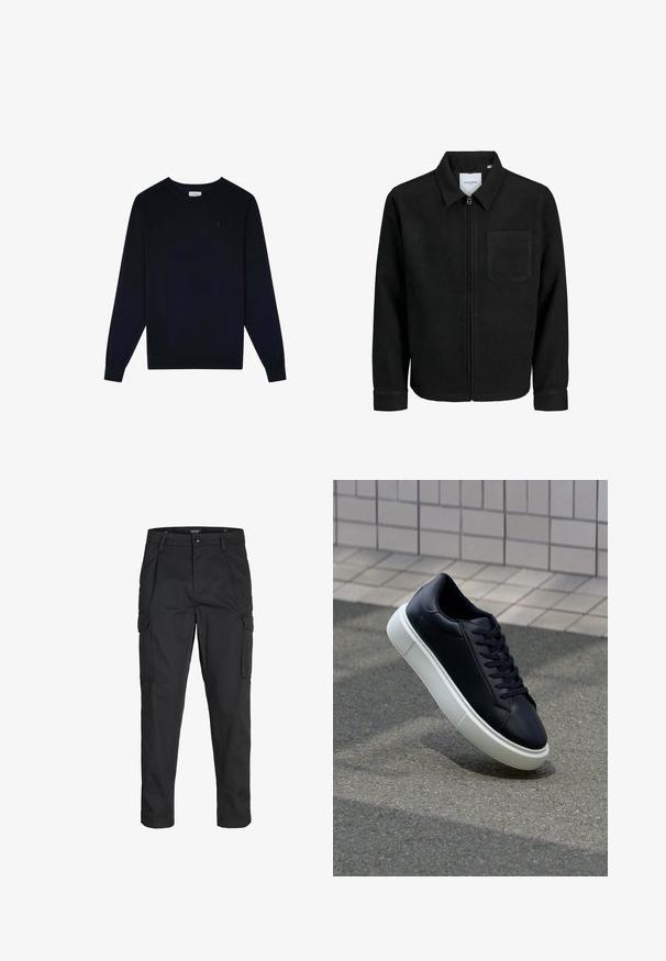 Jachetă neagră cu fermoar, cu guler și un singur buzunar pe piept, expusă pe fundal alb.; Scalpers CLASSIC ROUND NECK - Bluză de molton - navy; Pantaloni cargo negri dintr-un material rezistent, cu multiple buzunare, închidere cu nasture și un design slim fit cu picioare conice.; Tenis cu piele neagră, cu vârful rotund și talpă din cauciuc alb. Are șireturi plate și cusături minime pe suprafață. Tălpile texturate oferă aderență.