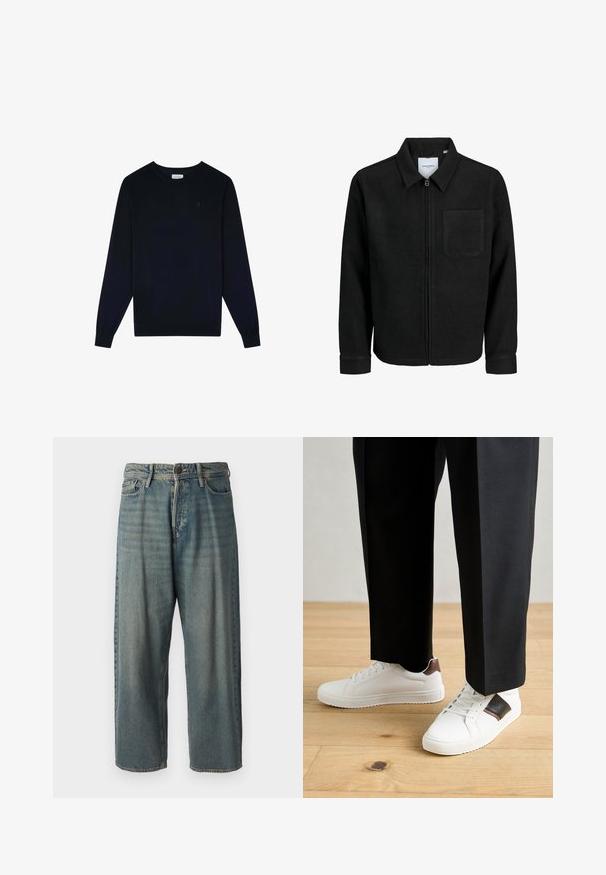 Jachetă neagră cu fermoar, cu guler și un singur buzunar pe piept, expusă pe fundal alb.; Scalpers CLASSIC ROUND NECK - Bluză de molton - navy; Jeans din denim bleu deschis, cu o croială lejeră, talie medie și picioare drepte. Au cinci buzunare, bucle pentru curea și închidere cu nasture.; Sneakers albe cu textură netedă, având accente din piele maro și detalii negre, asociate cu pantaloni negri pe măsură. Fundal din podea din lemn.