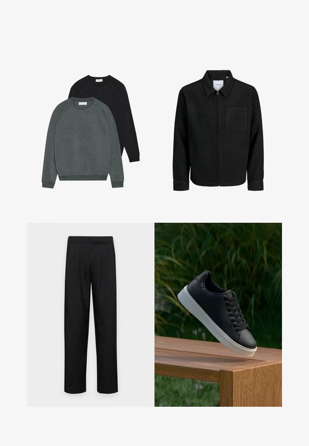 Schwarze Zip-Jacke mit Kragen und einer einzelnen Brusttasche, auf weißem Hintergrund präsentiert.; Zwei Crewneck-Sweatshirts: eines in Dunkelgrün und eines in Schwarz. Beide haben Raglanärmel, gerippte Bündchen und einen weichen, strukturierten Stoff.; Schwarze Hose aus glattem Stoff, mit geradem Bein Design, zwei vorderen Falten und einem Standardbund mit Gürtelschlaufen.; Schwarze Leder-Sneaker mit glatter Oberfläche, weißer Gummisohle und sechs Ösen für Schnürsenkel, auf einer Holzfläche präsentiert.
