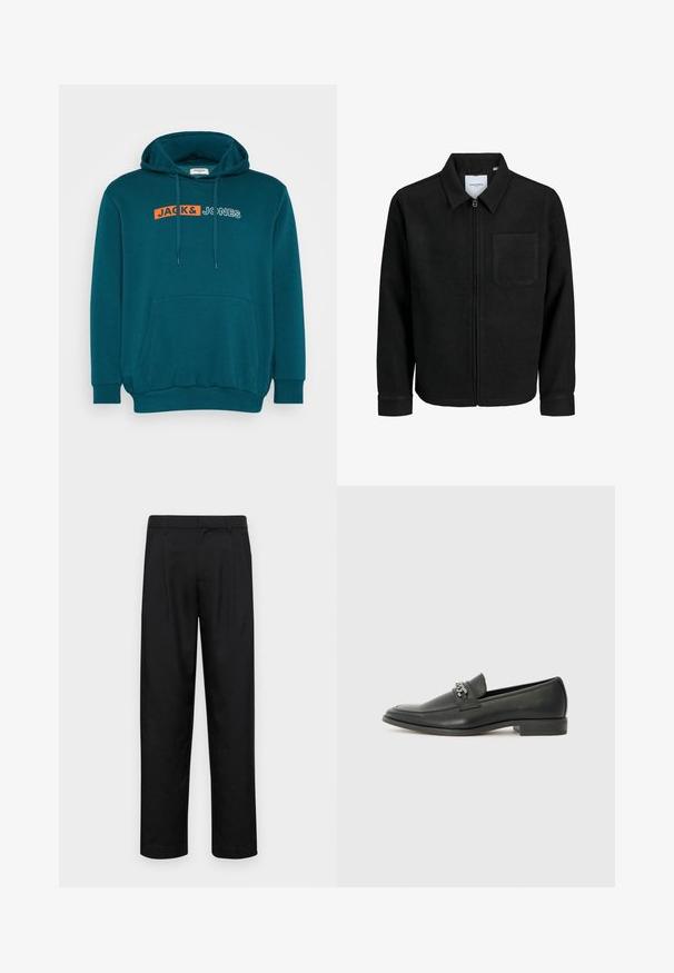 Chaqueta negra con cremallera y cuello, con un solo bolsillo en el pecho, expuesta sobre un fondo blanco.; Jack & Jones JJECORP LOGO HOOD PLAY - Jersey con capucha - deep teal; Pantalones negros de tela suave, con un diseño de pierna recta, dos pliegues frontales y una cintura estándar con trabillas para el cinturón.; Mocasín de cuero negro con un acabado suave, que cuenta con un diseño de costura y un acento decorativo de cadena de metal en el empeine. Tacón plano.