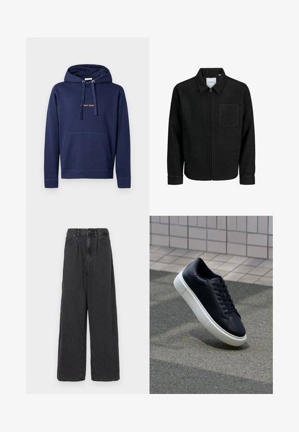 Giacca nera con zip, colletto e una tasca sul petto, mostrata su sfondo bianco.; Felpa blu navy in cotone con tasca a marsupio, cappuccio con cordino e testo ricamato sul petto. Design semplice con polsini a coste.; Pantaloni in denim neri a gamba larga e vita alta con chiusura frontale a bottoni e zip, dotati di tasche laterali e una texture liscia.; Sneaker in pelle nera con punta arrotondata e suola in gomma bianca. Presenta lacci piatti e cuciture minime sulla parte superiore. Suola testurizzata per una migliore aderenza.