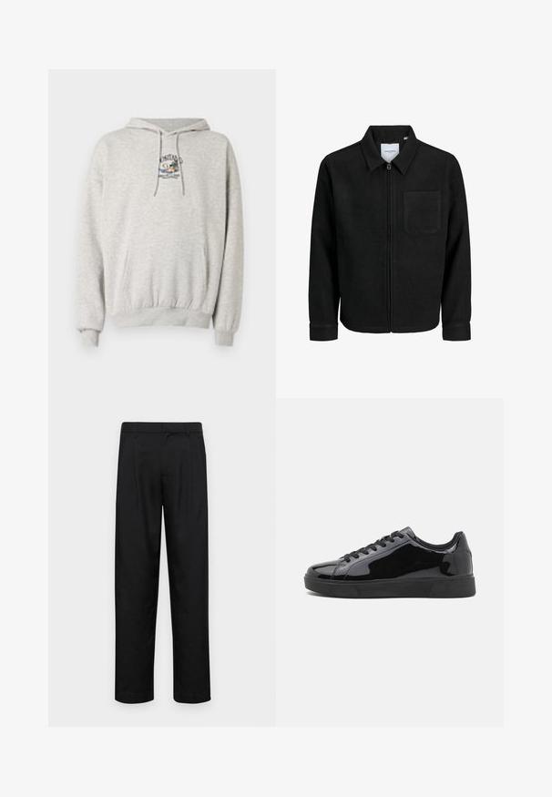 Črna jakna z zadrgo in ovratnikom ter enim žepom na prsih, prikazana na beli podlagi.; Svetlo siva kapuca iz mešavine pamuka, zdesna prednja kengur džep, rebrasti manžeti i donji deo, sa izvezenim logotipom na grudima.; Črne hlače iz gladkega materiala, s krojem ravne noge, dvema sprednjima pregiboma in standardnim pasom z zankami za pas.; Črne patentne usnjene športne copate z okroglo konico, ravnim gumijastim podplatom in črnimi vezalkami. Gladka, sijoča tekstura na zgornji površini.
