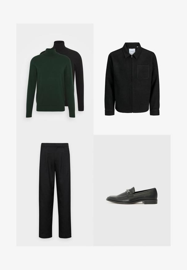 Čierna zipsová bunda s golierom a jednou náprsníkou, vystavená na bielom pozadí.; Dvoje rolákov, jeden tmavozelený a jeden čierny, vyrobených z hladkej tkaniny, s dlhými rukávmi a rebrovanými manžetami.; Čierne nohavice vyrobené z hladkej tkaniny, s rovnými nohavicami, dvoma prednými skladmi a štandardným pásom s pútkami na opasok.; Čierne kožené loafers s hladkým povrchom, s prešitým dizajnom a dekoratívnym kovovým reťazovým akcentom cez priehlavok. Plochý podpätok.