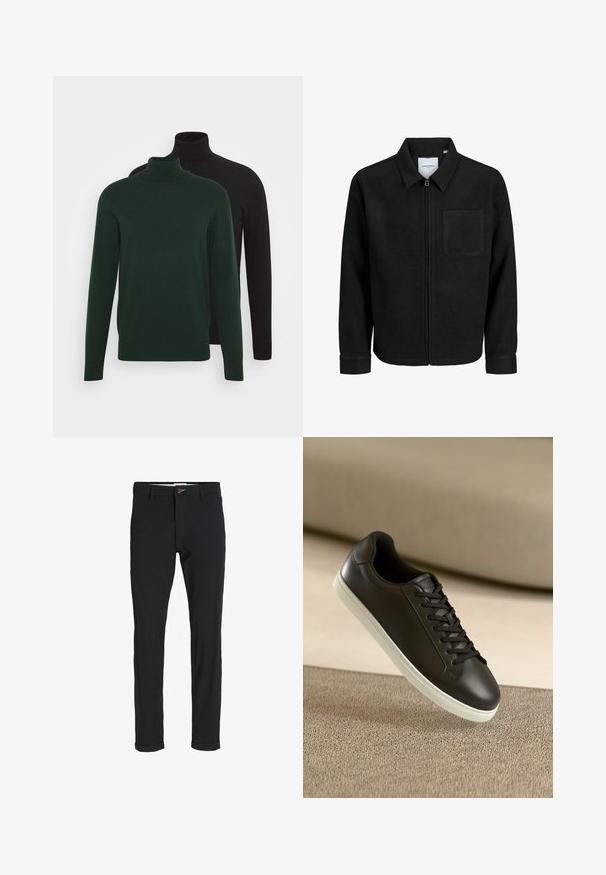 Black zip-up jacket with collar and single chest pocket, displayed on white background.; Two turtleneck sweaters, one dark green and one black, made from a smooth fabric, featuring long sleeves and ribbed cuffs.; Black cotton blend pants with a slim fit, featuring a button closure, pockets, and rolled cuffs for a casual finish.; Black leather sneaker with white rubber sole and black laces, positioned against a beige fabric surface and background.