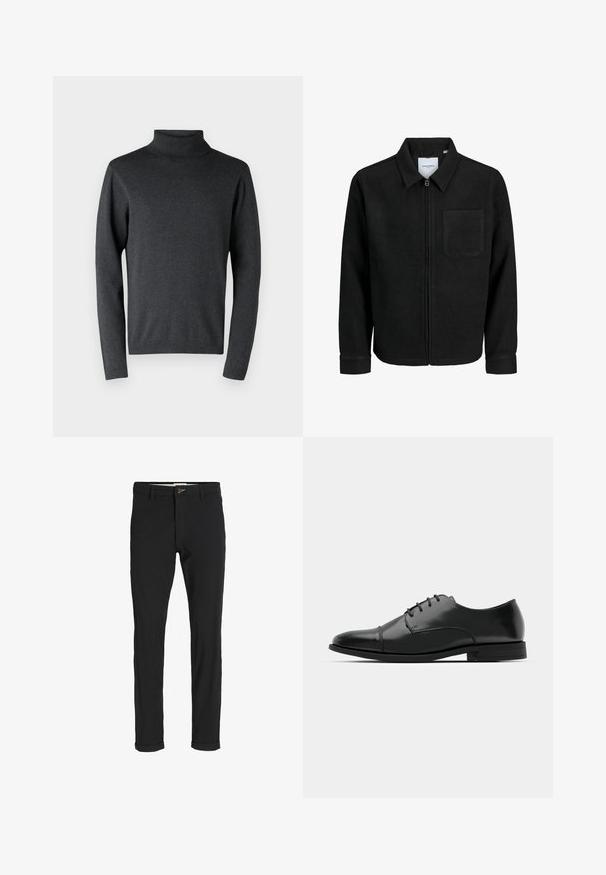 Crna jakna na zip s ovratnikom i jednim džepom na prsima, prikazana na bijeloj pozadini.; Tamno sivi pulover s rolkragnom izrađen od mekog materijala, s dugim rukavima i rebrastim manžetama i rubom, s glatkom, ujednačenom teksturom.; Crne hlače od pamuka sa slim fit krojem, s kopčanjem na dugme, džepovima i zavrnutim rukavima za ležeran izgled.; Crne kožne cipele s okruglim prstom, s vezanjem, suptilnim detaljima šivanja i niskim potplatima. Glatka tekstura s poliranim finišem.