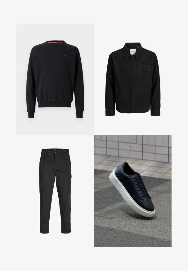 Fekete, zipzáros dzseki gallérral és egyetlen mellzsebbel, fehér háttéren.; Fekete, hosszú ujjú, kerek nyakú pulóver bordás mandzsettával és aljjal, kis logóval a mellrészen, egy sima fehér háttéren bemutatva.; Fekete cargo nadrág, amely tartós anyagból készült, több zsebet tartalmaz, gombos záródással rendelkezik, és karcsú szabású, szűkített lábakkal bír.; Fekete bőr sportcipő lekerekített orral és fehér gumitalppal. Lapos fűzőkkel és minimális varrásokkal rendelkezik a felsőrészén. Mintás talp a tapadásért.