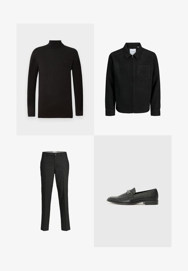 Black zip-up jacket with collar and single chest pocket, displayed on white background.; Black turtleneck sweater in a soft knit fabric. Features long sleeves and a fitted design with a ribbed collar and hem. Minimal branding.; Black trousers, tailored fit, smooth fabric, mid-rise waist, front button closure, diagonal pockets, and crease detailing down the legs.; Black leather loafer with a smooth finish, featuring a stitched design and a decorative metal chain accent across the vamp. Flat heel.