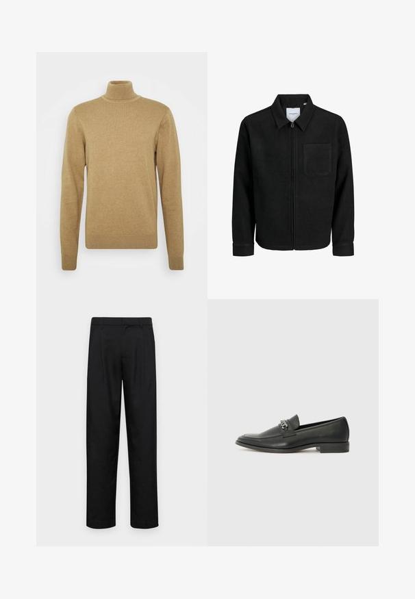 Svart zip-jacka med krage och en enda bröstficka, visad på vit bakgrund.; Beige polo-tröja i mjukt stickat tyg. Har långa ärmar och en figursydd design. Ribbad nederkant och krage som accent.; Svarta byxor i slät väv, med rak ben-design, två framfickor och standardmidja med bälteshällor.; Svart läderloafers med en slät yta, med en sydd design och en dekorativ metallkedjeaccent över västen. Platt häldesign.