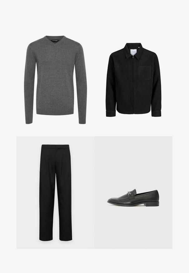 Black zip-up jacket with collar and single chest pocket, displayed on white background.; Gray V-neck sweater with long sleeves, made of a smooth knit fabric. Features ribbed cuffs and hem, minimalist design, no patterns or embellishments.; Black trousers made of smooth fabric, featuring a straight-leg design, two front pleats, and standard waistband with belt loops.; Black leather loafer with a smooth finish, featuring a stitched design and a decorative metal chain accent across the vamp. Flat heel.