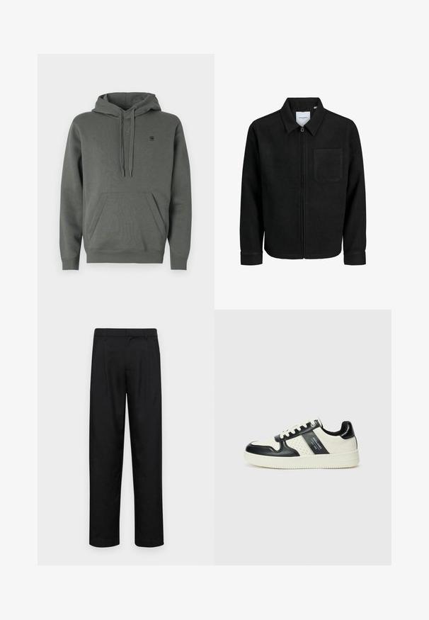 Black zip-up jacket with collar and single chest pocket, displayed on white background.; Dark green cotton hoodie with a kangaroo pocket, adjustable drawstring hood, and subtle logo on the chest; smooth texture and casual fit.; Black trousers made of smooth fabric, featuring a straight-leg design, two front pleats, and standard waistband with belt loops.; Leather sneakers with a black and cream color scheme, featuring perforated accents, a padded collar, and a textured outsole.