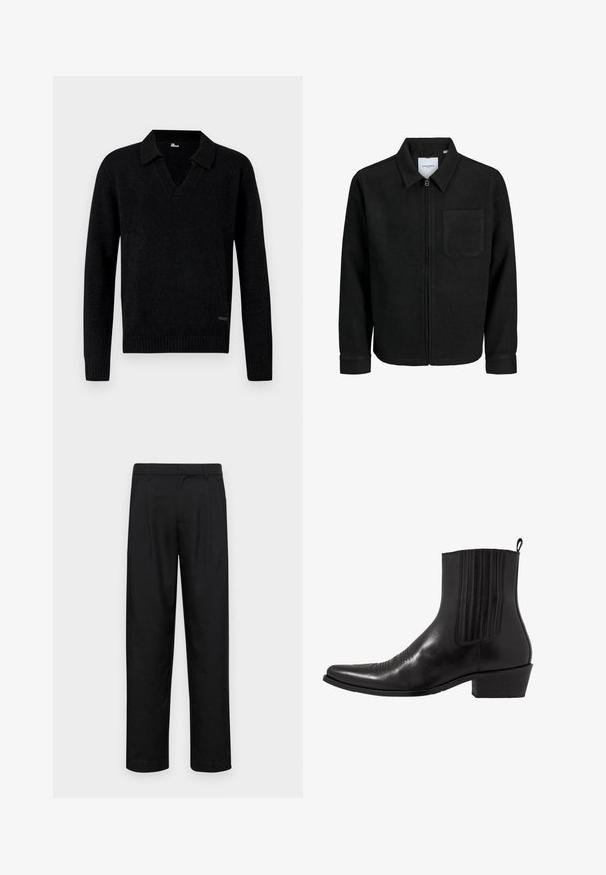 Jachetă neagră cu fermoar, cu guler și un singur buzunar pe piept, expusă pe fundal alb.; Pulover negru tricotat cu mâneci lungi, guler în V și manșete și tiv drepte, expus pe un fundal neutru.; Pantaloni negri dintr-un material neted, cu un design drept, două pliuri frontale și un tiv standard cu bucle pentru curea.; Cizma de gleznă din piele neagră, cu vârf ascuțit, panouri laterale elastice, accente de cusături verticale și toc bloc mic.