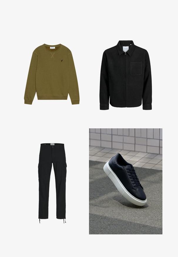 Mustaga lukuga jakker, millel on krae ja üks rinna-tasku, esitatud valgel taustal.; Pier One Pusa - khaki; Mustad mustad püksid sirge lõikega, külje taskutega, nööbiga kinni ja elastsete paeltega pahkluudes. Valmistatud vastupidavast kangast.; Mustast nahast tennisetoss, millel on ümar nina ja valge kummist tall. Omab siredaid paelu ja minimaalset õmblemist ülemises osas. Tekstuuriga tald, mis tagab haakuvuse.