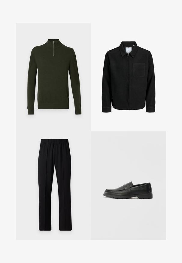 Čierna zipsová bunda s golierom a jednou náprsníkou, vystavená na bielom pozadí.; Tmavozelený pulóver s vysokým golierom a polovičným zipsom. Vyrobený z mäkkej, textúrovanej látky. Rybované manžety a lem.; Čierne nohavice s elastickým pásom a rovnými nohavicami, majú hladkú textúru a žiadne viditeľné vzory ani kovové doplnky.; Čierne kožené mokasíny s hladkým povrchom, vrchnou časťou v štýle mokasín, prešitým detailom a gumovou podrážkou. Klasický dizajn s nízkym podpätkom.