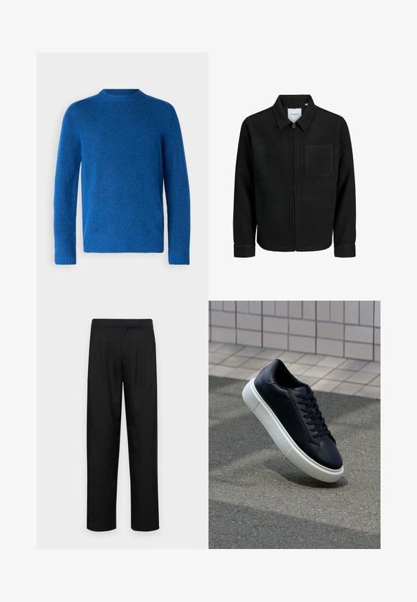 Črna jakna z zadrgo in ovratnikom ter enim žepom na prsih, prikazana na beli podlagi.; Modra volnena pulover z okroglim ovratnikom, rebrastimi manšetami in robom. Mehak material, srednja teža in enostaven dizajn.; Črne hlače iz gladkega materiala, s krojem ravne noge, dvema sprednjima pregiboma in standardnim pasom z zankami za pas.; Črne usnjene superge z zaobljenim prstom in belim gumijastim podplat. Imajo ravne vezalke in minimalno šivanje na zgornjem delu. Teksturirani podplat za oprijem.