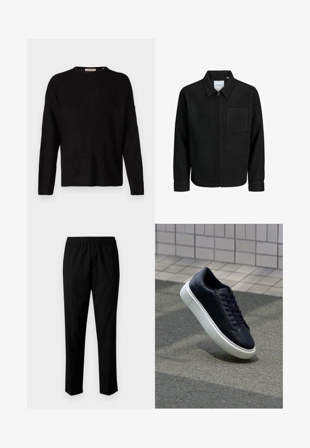 Schwarze Zip-Jacke mit Kragen und einer einzelnen Brusttasche, auf weißem Hintergrund präsentiert.; Schwarzer gestrickter Pullover mit langen Ärmeln, runder Halslinie und gerippter Textur. Hat eine leicht lockere Passform und ein einfaches Design.; Schwarze Hose mit einem elastischen Bund und einem geraden Bein Design. Der Stoff wirkt glatt mit einer matten Textur, ohne sichtbare Muster.; Schwarze Leder-Sneaker mit runder Zehenpartie und weißer Gummisohle. Verfügt über flache Schnürsenkel und minimale Nähte im Obermaterial. Strukturiertes Sohlenprofil für besseren Halt.