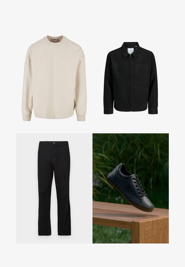 Juodas džemperis su užtrauktuku, apykakle ir vienu krūtiniu kišenėje, pristatytas baltame fone.; Šviesiai ruda juostuota ilgomis rankovėmis palaidinė su apvalia iškirpte, turinti nuleistas pečių linijas ir juostuotus rankogalius. Minkšta tekstūra ir laisvas kirpimas.; Juodos medvilnės kelnės su tiesiu kirpimu, su mygtuko uždarymu, priekinėmis ir užpakalinėmis kišenėmis bei lygaus paviršiaus.; Juodos odinės sportbačių su lygiu paviršiumi, apvaliu pirštu ir plokščiomis raišteliais, padėti ant medinės paviršiaus su žaliais žolės fono.
