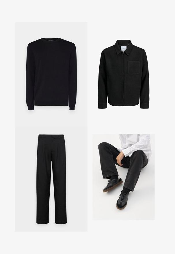 Mustaga lukuga jakker, millel on krae ja üks rinna-tasku, esitatud valgel taustal.; Must have kaelusvetim, mis on valmistatud siledast kangast, pika varrukaga ja soonikurebimisega varrukatel ning allääril. Klassikaline disain, minimaalne detailide arv.; Mustad mustadest riietest, millel on sirge jalgade disain, kaks eesmist voltimist ja tavaline vöökoht, millel on vöökohad.; Mustad spordijalatsid siledast ja tekstuurilisest ülemisest osast, millel on kummist tald ja tumedad nöörid. Kombineeritud mustade teksade ja valge triibulise särgiga.