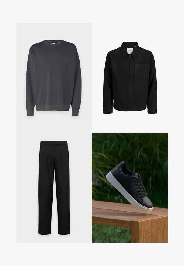 Sort lynlåsjakke med krave og en enkelt brystlomme, vist på hvid baggrund.; Mørkegrå sweatshirt med rund hals, lange ærmer og ribkant ved ærmerne og i bunden. Fremstillet af et blødt, struktureret stof. Simpelt design, ingen synlige logoer.; Sorte bukser lavet af glat stof, med et lige ben-design, to frontfolder og en standard talje med bæltestropper.; Sort lædersneaker med en glat overflade, hvid gummisål og seks øjer til snørebånd, præsenteret på en træoverflade.