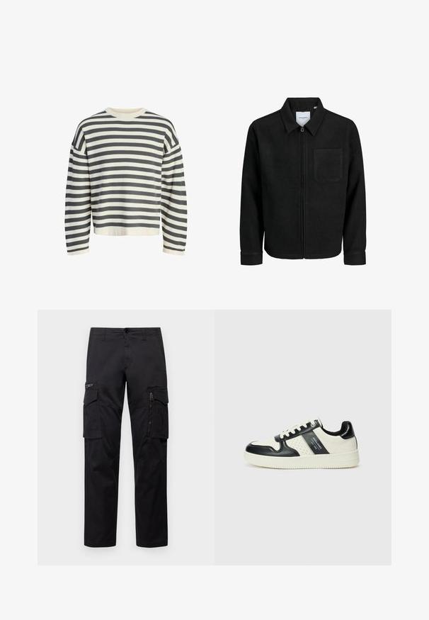 Veste zippée noire avec col et poche poitrine unique, présentée sur fond blanc.; Pull rayé en crème et gris foncé, avec un col rond côtelé, des manches longues et une coupe décontractée avec un ourlet court.; Pantalons cargo noirs avec plusieurs poches, une poche zippée sur la cuisse, coupe droite et tissu en coton résistant avec un léger éclat.; Baskets en cuir avec un schéma de couleurs noir et crème, dotées d'accents perforés, d'un col rembourré et d'une semelle texturée.