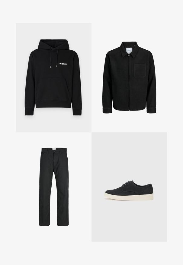 Juodas džemperis su užtrauktuku, apykakle ir vienu krūtiniu kišenėje, pristatytas baltame fone.; Juodas medvilnės džemperis su priekiniu kengūros kišeniu, su raišteliu reguliuojamu gobtuvu ir nedideliu baltu logotipu ant krūtinės. Ruožuoti rankogaliai ir apatinė dalis.; Juodi kelniai, pagaminti iš tvirto audinio, su tiesiomis kojomis, siuvinėtomis detalėmis ir dviem priekinėmis kišenėmis funkcionalumui.; Juodas zomšinės batų modelis su raišteliais, su apvalia nosimi, lengvu kreminiu padu ir subtiliais mėlynos siūlės akcentais ant viršutinės dalies.