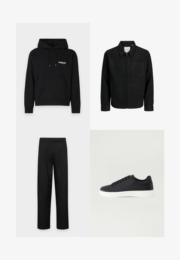 Schwarze Zip-Jacke mit Kragen und einer einzelnen Brusttasche, auf weißem Hintergrund präsentiert.; Schwarzer Baumwoll-Hoodie mit einer vorderen Kängurutasche, Kapuze mit Kordelzug und einem kleinen weißen Logo auf der Brust. Rippstrickbündchen und Saum.; Schwarze Hose aus glattem Stoff, mit geradem Bein Design, zwei vorderen Falten und einem Standardbund mit Gürtelschlaufen.; Pier One Sneaker low - black