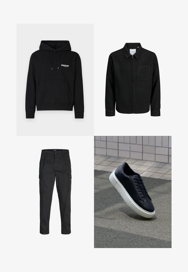 Schwarze Zip-Jacke mit Kragen und einer einzelnen Brusttasche, auf weißem Hintergrund präsentiert.; Schwarzer Baumwoll-Hoodie mit einer vorderen Kängurutasche, Kapuze mit Kordelzug und einem kleinen weißen Logo auf der Brust. Rippstrickbündchen und Saum.; Schwarze Cargo-Hose aus robustem Material, mit mehreren Taschen, einem Knopfverschluss und einem Slim-Fit-Design mit schmal zulaufenden Beinen.; Schwarze Leder-Sneaker mit runder Zehenpartie und weißer Gummisohle. Verfügt über flache Schnürsenkel und minimale Nähte im Obermaterial. Strukturiertes Sohlenprofil für besseren Halt.