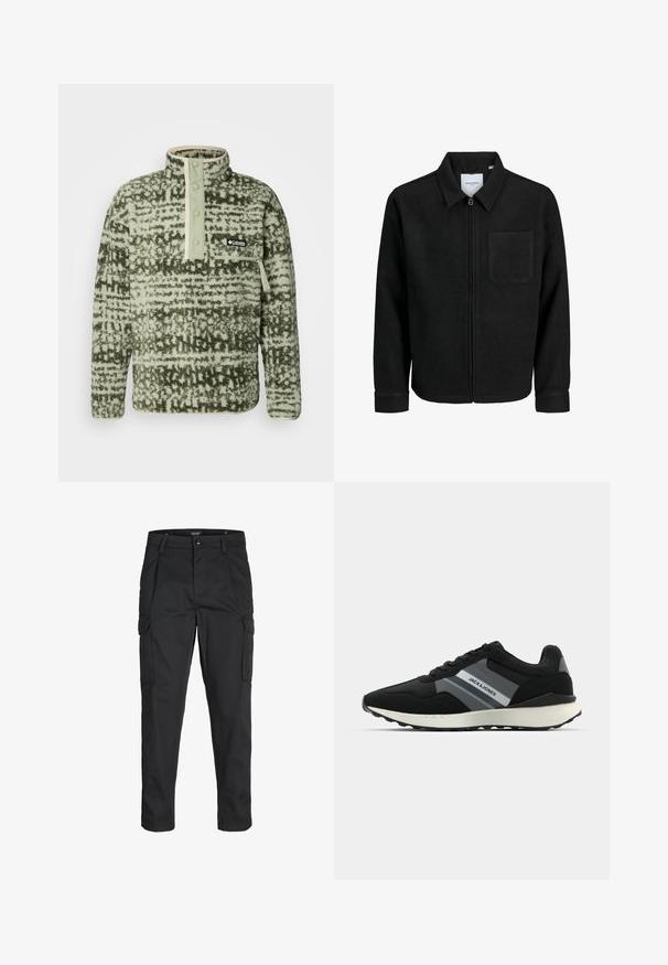 Giacca nera con zip, colletto e una tasca sul petto, mostrata su sfondo bianco.; Columbia HELVETIA - Felpa in pile - greenscape; Pantaloni cargo neri realizzati in un tessuto resistente, dotati di molteplici tasche, chiusura con bottone e un design aderente con gambe affusolate.; Sneakers atletici neri con tomaia testurizzata, accenti grigi, lacci e suola bianca leggera. Presenta il logo del marchio sul lato.