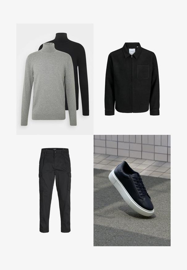 Čierna zipsová bunda s golierom a jednou náprsníkou, vystavená na bielom pozadí.; Dvoje rolákov: jeden šedý a jeden čierny, oba vyrobené z mäkkej tkaniny s dlhými rukávmi a rebrovanými manžetami a lemami.; Čierne cargo nohavice z odolnej látky, s viacerými vreckami, gombíkovým zapínaním a úzkym strihom so zúženými nohavicami.; Čierne kožené tenisky s okrúhlou špičkou a bielou gumovou podrážkou. Majú ploché šnúrky a minimálne šitie na vrchu. Textúrovaná podrážka pre lepšiu priľnavosť.