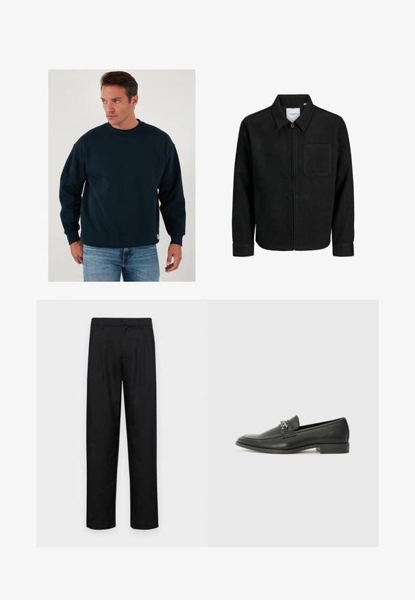 Giacca nera con zip, colletto e una tasca sul petto, mostrata su sfondo bianco.; Felpa blu navy con collo rotondo, maniche lunghe, vestibilità comoda, colletto e polsini ribattuti, realizzata in morbido materiale misto cotone.; Pantaloni neri realizzati in tessuto liscio, caratterizzati da un taglio dritto, due pieghe frontali e una vita standard con passanti per la cintura.; Mocassino in pelle nera con finitura liscia, caratterizzato da un design cucito e da un accento decorativo in catena metallica sul vamp. Tacco piatto.