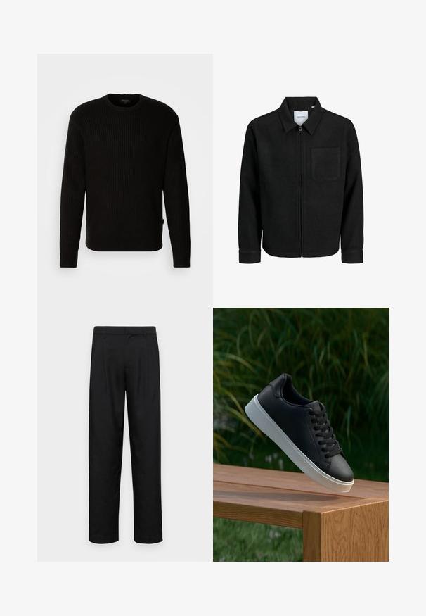 Giacca nera con zip, colletto e una tasca sul petto, mostrata su sfondo bianco.; Maglione nero a costine con scollo rotondo e maniche lunghe. Realizzato in un tessuto testurizzato. Presenta un piccolo etichetta del marchio sull'orlo.; Pantaloni neri realizzati in tessuto liscio, caratterizzati da un taglio dritto, due pieghe frontali e una vita standard con passanti per la cintura.; Sneaker in pelle nera con una texture liscia, suola in gomma bianca e sei grommet per i lacci, posizionata su una superficie di legno.