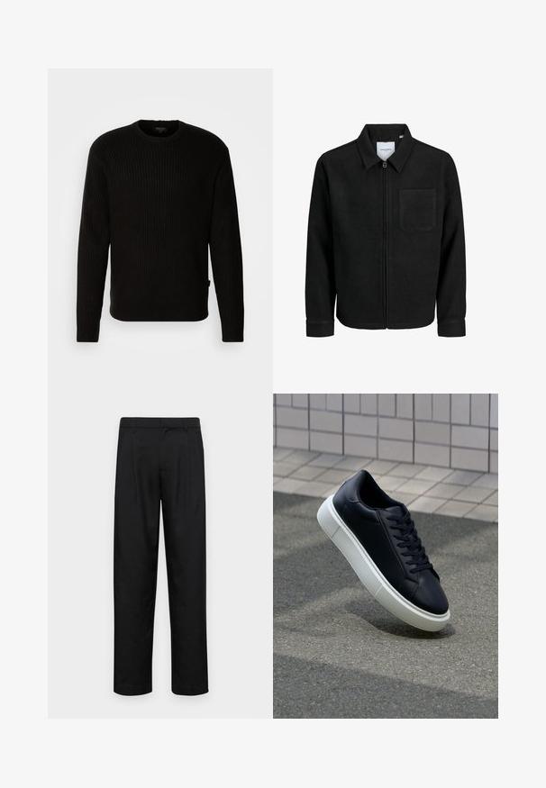 Juodas džemperis su užtrauktuku, apykakle ir vienu krūtiniu kišenėje, pristatytas baltame fone.; Juodas raštuotas megztinis su apvalia iškirpte ir ilgomis rankovėmis. Pagamintas iš tekstūruotos medžiagos. Puošia mažas prekės ženklo etiketė ant krašto.; Juodi kelnių modeliai, pagaminti iš lygios medžiagos, turi tiesią kojas, du priekiniai klostės ir standartinę juosmenį su diržo kilpomis.; Juodas odinis sportbačius su apvaliu pirštu ir baltu gumuotu padu. Turi plokščias raišteles ir minimalų siuvimą viršuje. Padangos tekstūra užtikrina sukibimą.