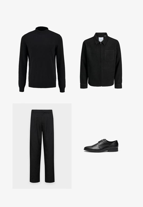 Melna jaka ar rāvējslēdzēju un apkakli, vienu krūšu kabatu, parādīta uz baltas fona.; Melnā adīta džemperis ar augstu apkakli, garām piedurknēm un ribotiem aprocēm un apakšmalu, ar gludu tekstūru un klasisku siluetu.; Melnas bikses, izgatavotas no gludas auduma, ar taisnu kāju dizainu, divām priekšējām krokām un standarta jostu, kurai ir āķi.; Melnas ādas kleita apavi ar gludu tekstūru, noapaļotu purngali, un četriem acs caurumiem saites dizainu. Iezīmējas ar zemu kaudzīti un izšūšanas detaļām.