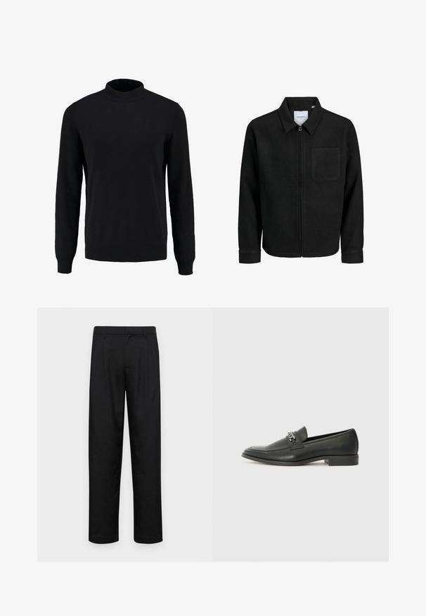 Mustaga lukuga jakker, millel on krae ja üks rinna-tasku, esitatud valgel taustal.; Musthave mustristiga kõrge kaelusega must sõlmiga sviiter, millel on pikad varrukad ja soonikuttid, sile tekstuur ja klassikaline siluett.; Mustad mustadest riietest, millel on sirge jalgade disain, kaks eesmist voltimist ja tavaline vöökoht, millel on vöökohad.; Must haveate nahkking punased, millel on sile viimistlus, tikitud muster ja dekoratiivne metallkett vampi üle. Tasane konts.