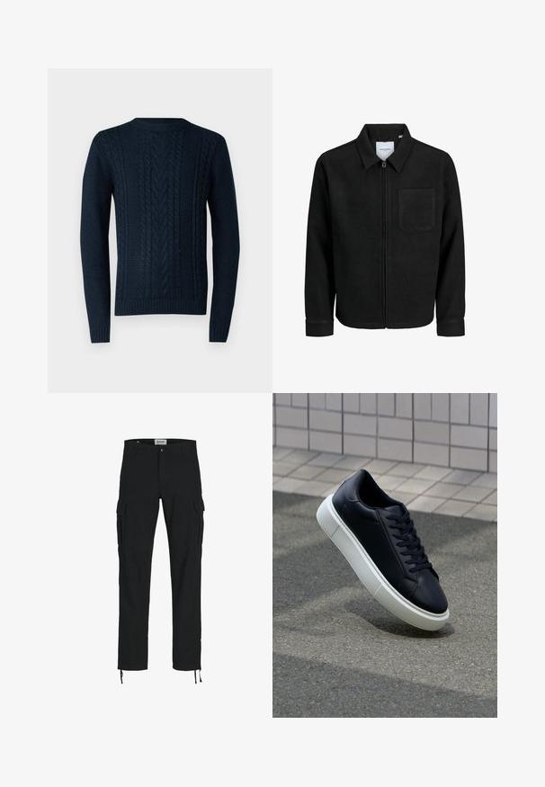 Chaqueta negra con cremallera y cuello, con un solo bolsillo en el pecho, expuesta sobre un fondo blanco.; Jersey de punto azul marino con patrones de trenzado, cuello redondo estándar y puños y dobladillo acanalados. Fabricado con hilo texturizado.; Pantalones cargo negros con corte recto, que cuentan con bolsillos laterales, cierre de botón y cordones elásticos en los tobillos. Fabricados en tejido resistente.; Zapatilla de cuero negro con punta redonda y suela de goma blanca. Presenta cordones planos y un mínimo de costuras en la parte superior. Suela texturizada para proporcionar agarre.