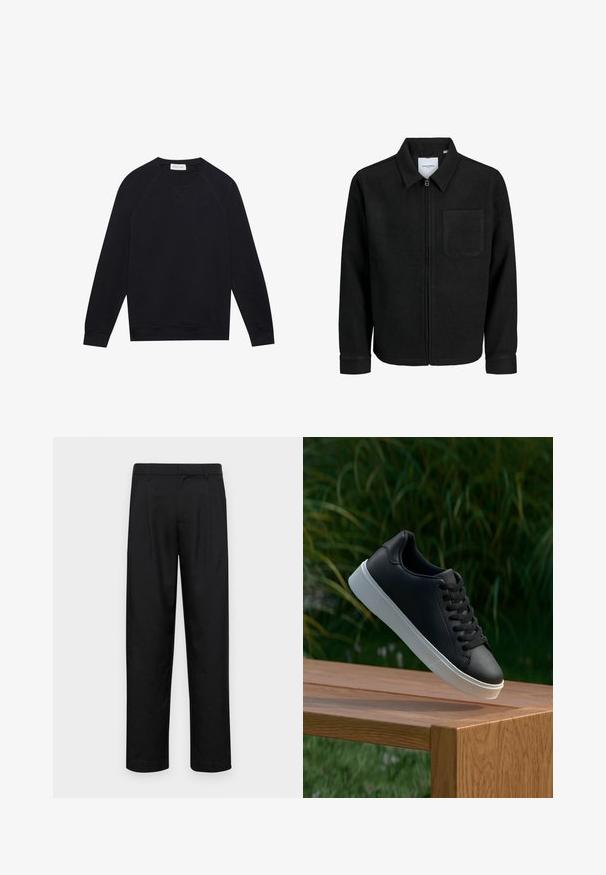 Melna jaka ar rāvējslēdzēju un apkakli, vienu krūšu kabatu, parādīta uz baltas fona.; Melna garām piedurknēm pelēkā kreklā ar ribota auduma aprocēm un apakšmalu, redzamām šuvju detaļām un mazu balto zīmola etiķeti iekšpusē apakšējā daļā.; Melnas bikses, izgatavotas no gludas auduma, ar taisnu kāju dizainu, divām priekšējām krokām un standarta jostu, kurai ir āķi.; Melnās ādas sporta apavi ar gludu tekstūru, baltu gumijas zoli un sešiem caurumiem šņorešanai, novietoti uz koka virsmas.