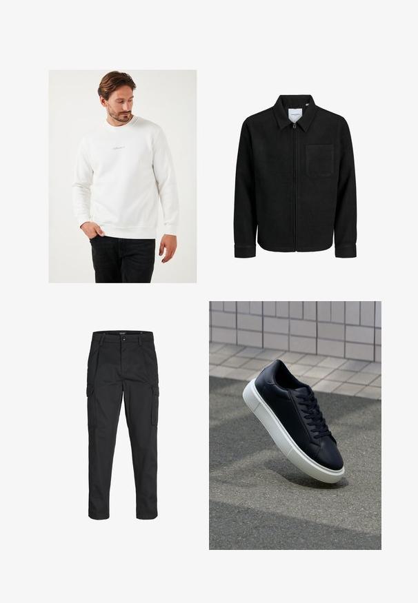 Juodas džemperis su užtrauktuku, apykakle ir vienu krūtiniu kišenėje, pristatytas baltame fone.; Balta džemperis, pagamintas iš medvilnės ir sintetikos mišinio, su apvalia iškirpte, ilgomis rankovėmis ir mažuoju pilku logotipo akcentu krūtinėje.; Juodi krovinių tipo džinsai, pagaminti iš tvirto audinio, su keliais kišeniais, mygtuko uždarymu ir siauru, prigludusiu dizainu su siaurėjančiomis kojomis.; Juodas odinis sportbačius su apvaliu pirštu ir baltu gumuotu padu. Turi plokščias raišteles ir minimalų siuvimą viršuje. Padangos tekstūra užtikrina sukibimą.