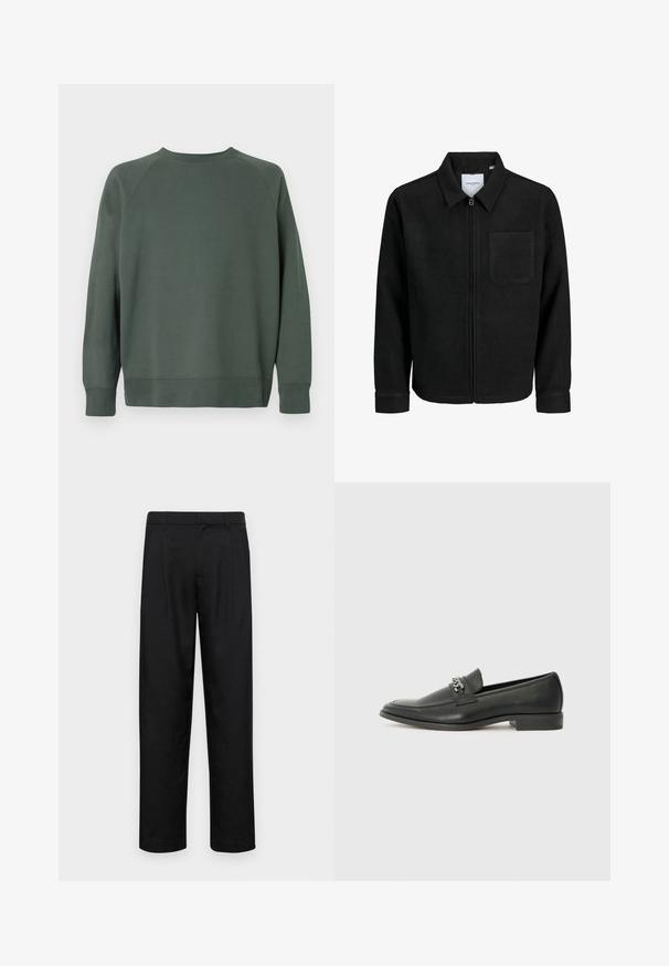 Fekete, zipzáros dzseki gallérral és egyetlen mellzsebbel, fehér háttéren.; Egyszerű sötétzöld crewneck pulóver hosszú ujjakkal, bordás mandzsettákkal és egyenes aljjal, hátulról bemutatva, fehér háttér előtt.; Fekete nadrág sima anyagból, egyenes szárú fazonnal, két elülső redővel és közönséges derékkal, övhurkokkal.; Fekete bőr loaferek sima felülettel, varrott mintával és díszítő fém lánccal a cipő elején. Lapos sarok.
