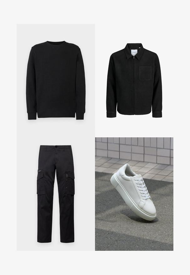 Giacca nera con zip, colletto e una tasca sul petto, mostrata su sfondo bianco.; Felpa nera con colletto rotondo e maniche lunghe, con polsini e orlo a costine, esposta su uno sfondo bianco semplice.; Pantaloni cargo neri con multiple tasche, tasca con zip sulla coscia, vestibilità dritta e in resistente cotone con un leggero lucido.; Sneaker bianco in pelle con superficie liscia, punta rotonda e lacci piatti bianchi. Presenta una suola in gomma texturizzata e un design minimale.