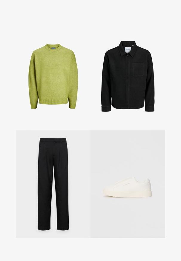 Svart zip-jacka med krage och en enda bröstficka, visad på vit bakgrund.; Jack & Jones JOROLLIE CREW NECK - Stickad tröja - lima bean green; Svarta byxor i slät väv, med rak ben-design, två framfickor och standardmidja med bälteshällor.; Vita slip-on sneakers med en texturerad yta, en tjock sula och minimalistisk design. Har varumärkeslogotypen på sidan.