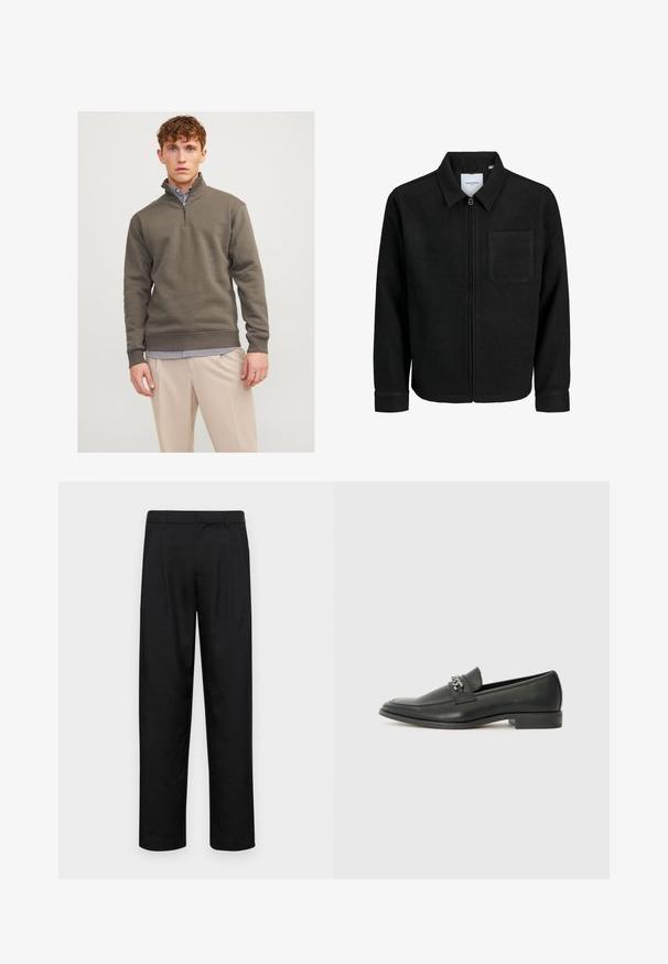 Veste zippée noire avec col et poche poitrine unique, présentée sur fond blanc.; Sweat-shirt zippé noir en vert foncé, fabriqué en matière douce, avec des manches longues et des poignets côtelés, superposé à une chemise rayée et un pantalon clair.; Pantalons noirs en tissu lisse, avec une coupe droite, deux plis avant et une taille standard avec passants de ceinture.; Mocassin en cuir noir avec une finition lisse, présentant un design cousu et une accent décoratif en chaîne métallique sur le rand. Talon plat.