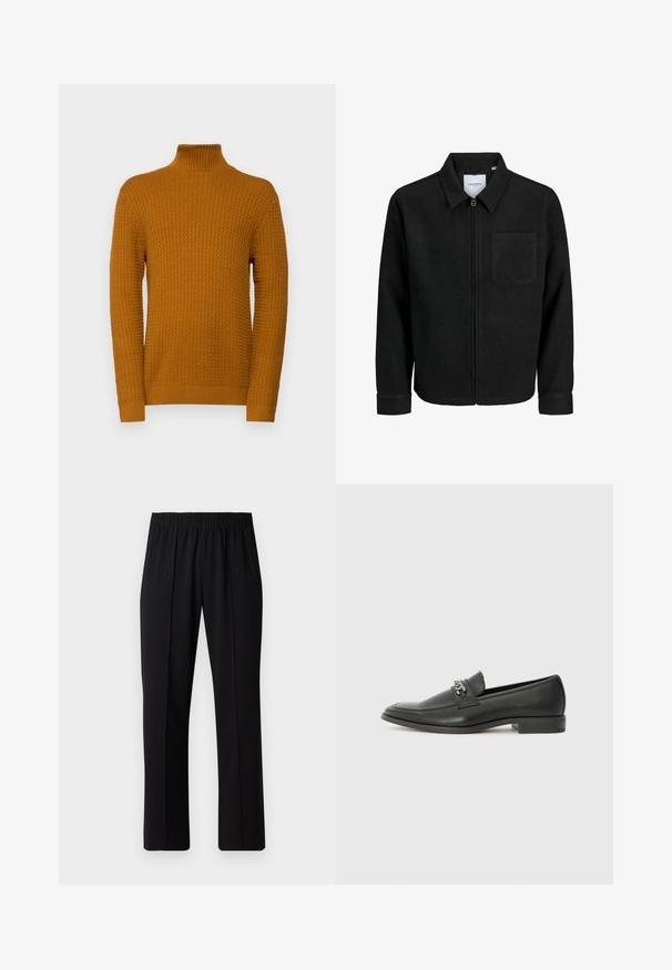Melna jaka ar rāvējslēdzēju un apkakli, vienu krūšu kabatu, parādīta uz baltas fona.; Selected Homme SLHZIG STRUCTURE - Džemperis - cathay spice; Melni elastīgi bikses ar taisnas kājas dizainu, ar gludu tekstūru un bez redzamām zīmēm vai detaļām.; Melna ādas loafer izmēra apavi ar gludu virsmu, piedāvā ar šūtu dizainu un dekoratīvu metāla ķēdes akcentu pār vampu. Plakana papēža daļa.