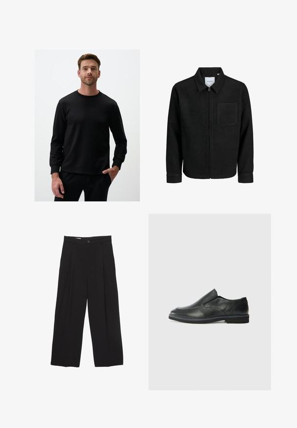 Zwarte zip-up jas met kraag en enkele borstzak, weergegeven op een witte achtergrond.; Zwarte sweatshirt met lange mouwen van gladde stof, met een ronde halslijn en aansluitende manchetten, ontworpen in een ontspannen silhouet.; Zwarte wijde broek gemaakt van gladde stof, met een platte tailleband, voorplooien en een enkele knoopsluiting.; Zwarte leren instapper met een soepele bovenkant, gestikte accenten, ronde neus en een lage rubberen hak. De zool heeft minimale profiel.