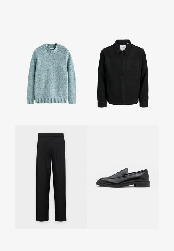 Svart zip-jacka med krage och en enda bröstficka, visad på vit bakgrund.; Ljus turkos stickad tröja med rund hals, ribbade ärmslut och nederkant. Tillverkad av texturerat garn, med en mysig design som passar för vardagsbruk.; Svarta byxor i slät väv, med rak ben-design, två framfickor och standardmidja med bälteshällor.; Svarta läderloafers med en slät finish, med rund tå och en smal rem över framsidan. Låg klack.