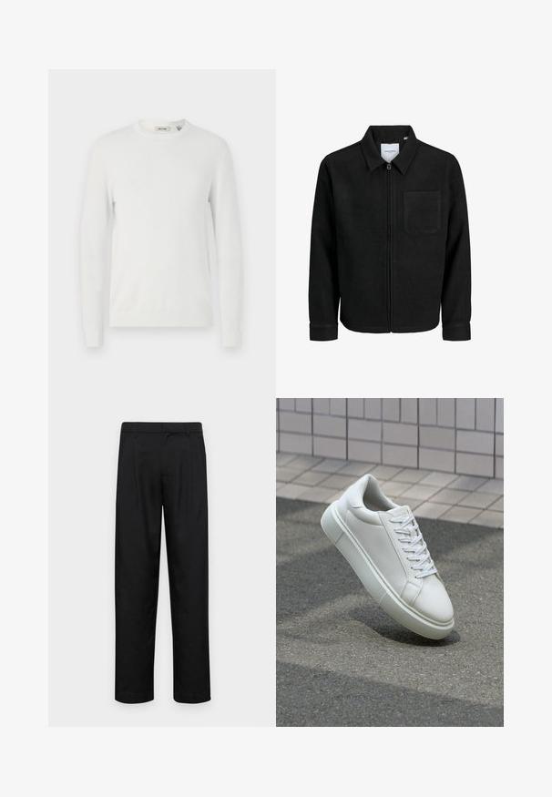Black zip-up jacket with collar and single chest pocket, displayed on white background.; Only & Sons ONSALEX CREW NECK - Jumper - egret; Black trousers made of smooth fabric, featuring a straight-leg design, two front pleats, and standard waistband with belt loops.; White leather sneaker with a smooth surface, round toe, and flat white laces. Features a textured rubber sole and minimal design elements.